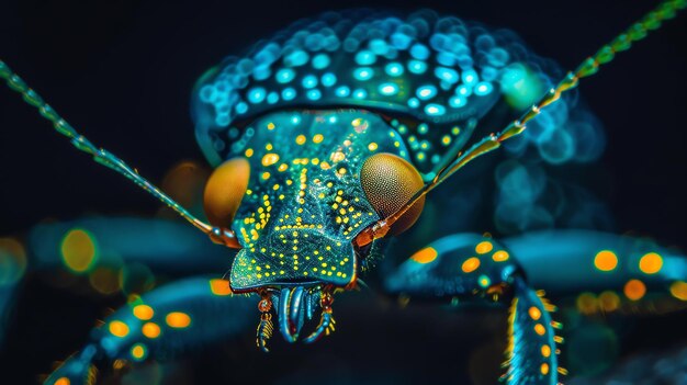 Amazing closeup of a glowing blue and green beetle with yellow spots on a dark background