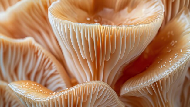 Amazing closeup of a group of mushrooms The delicate and intricate gills of the mushrooms are clearly visible as well as theof the caps