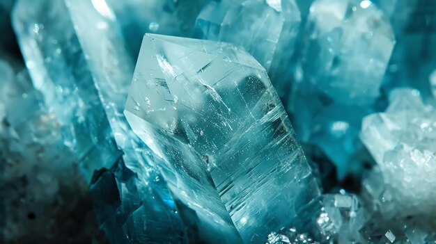 Фото Удивительный крупный план голубого светящегося грубого кристалла драгоценного камня красивый абстрактный фон