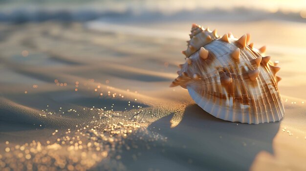 Amazing closeup of a seashell on the beach with a blurred background The warm colors of the sunset make this image very peaceful and relaxing