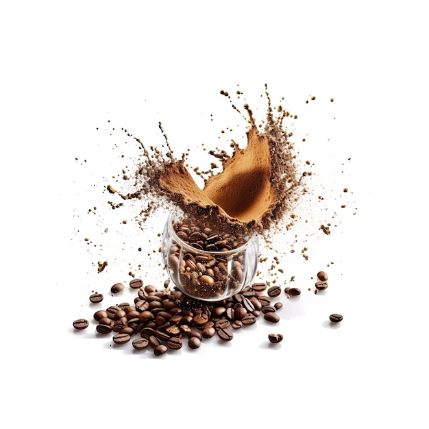 素晴らしいコーヒー花火、挽いたコーヒーが爆発するロースト豆の輝きの簡単な背景