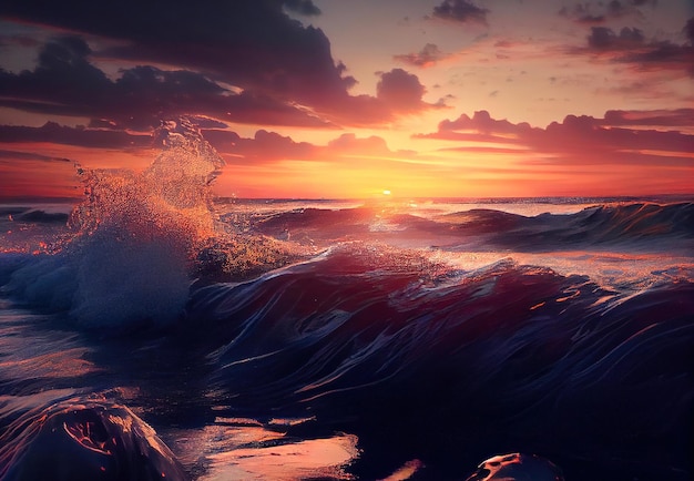 Amazing colorful ocean beach at sunset with endless horizon and incredible foamy waves made with gen