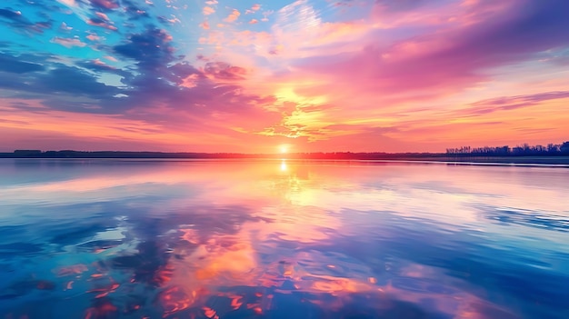 Amazing colorful sunset over calm lake Pink blue and violet colors of sky and their reflection on water surface