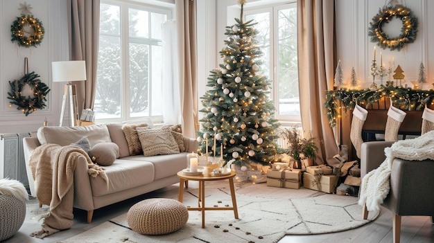 Удивительный и уютный рождественский интерьер гостиной с модульным диваном Generative Ai