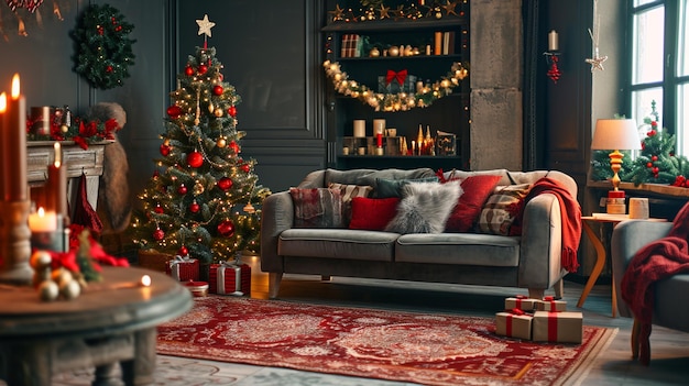 Amazing and cozy christmas living room interior with modular sofa Generative Ai