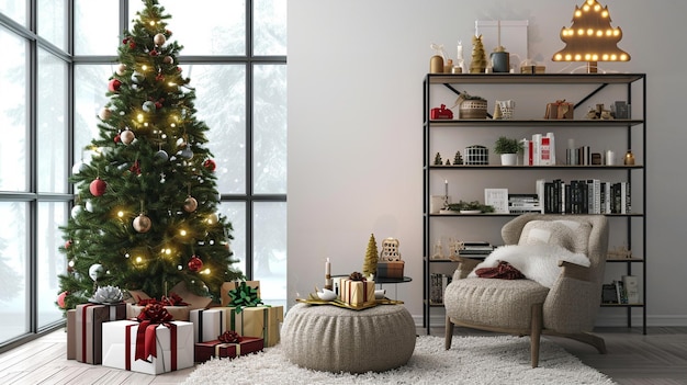 Amazing and cozy christmas living room interior with shelf Generative Ai