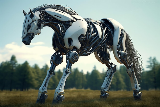 amazing of a cyborg horse in the nature futuristic robot implants