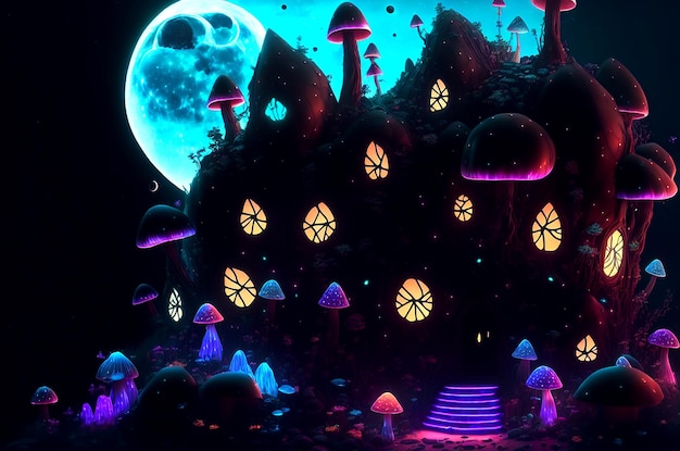 마법의 숲 공포 3D 일러스트의 한가운데의 초원에서 놀라운 어두운 만화 버섯 집