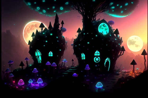 Amazing dark mushroom house on a meadow in the midst of magical forest horror 3D illustration