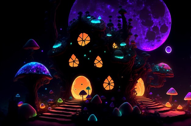 Amazing dark mushroom house on a meadow in the midst of magical forest horror 3D illustration