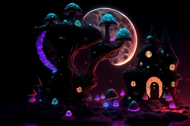 Amazing dark mushroom house on a meadow in the midst of magical forest horror 3D illustration