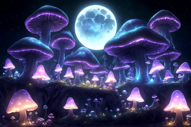 Amazing dark mushroom house on a meadow in the midst of magical forest horror 3D illustration