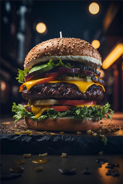 amazing delicious cheese burger black background AI generated