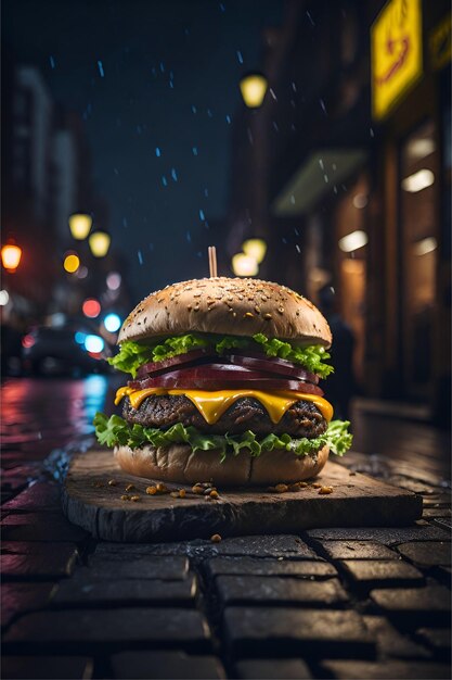 amazing delicious cheese burger black background AI generated