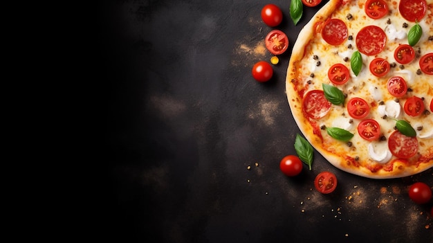 놀라운 맛있는 이탈리아 피자 네 치즈와 바질 토마토