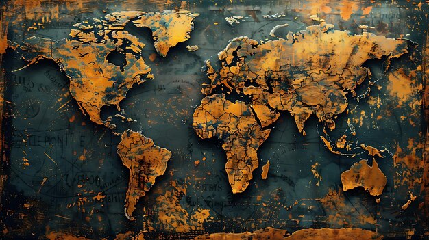 Amazing detailed grunge world map Continents and countries are clearly outlined