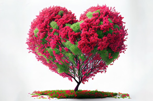 Удивительная цифровая художественная иллюстрация красного цветущего дерева в форме сердца