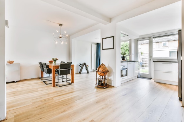 An amazing dining room with a solid wooden table