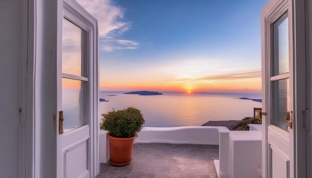 Amazing evening view of santorini island picturesque spring sunset on the famous greek