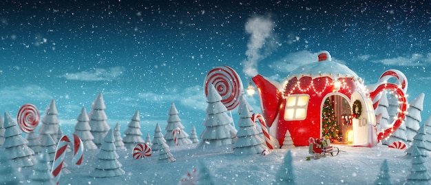 사진 크리스마스에 찻주전자 모양으로 장식된 놀라운 요정 집은 가문비나무와 사탕 지팡이가 있는 마법의 숲 안에 크리스마스 인테리어가 있습니다. 특이한 크리스마스 3d 그림 엽서입니다.