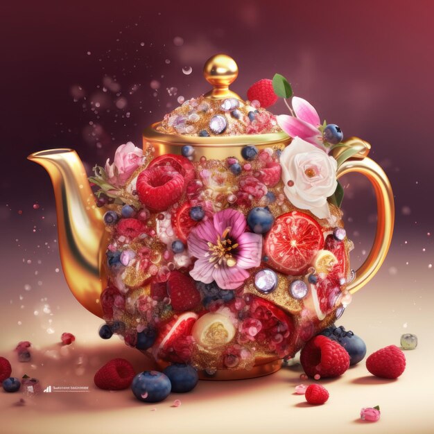 Amazing Fairy Tale Tea Pot with Berries and Flowers