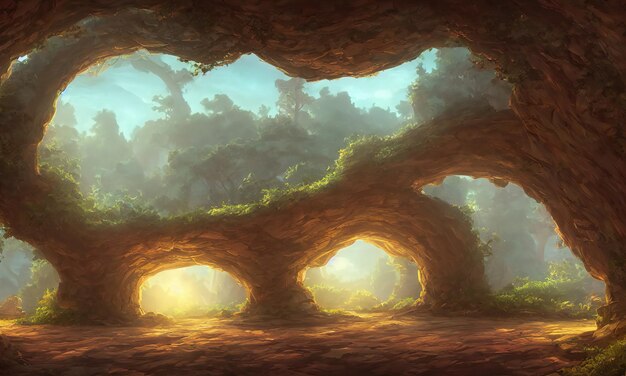 Amazing fantastic curved forest Forest landscape of trees in the rays of the sun 3d illustration