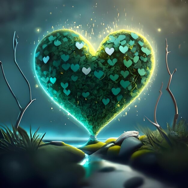 Amazing fantasy green heart themed realistic background