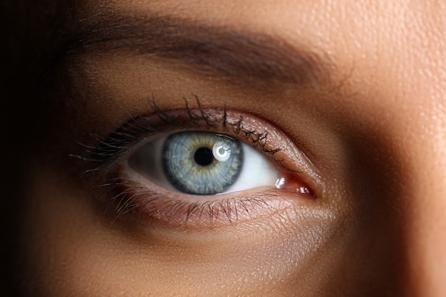 Amazing female blue and green colored wide opened eye in low light technique close-up