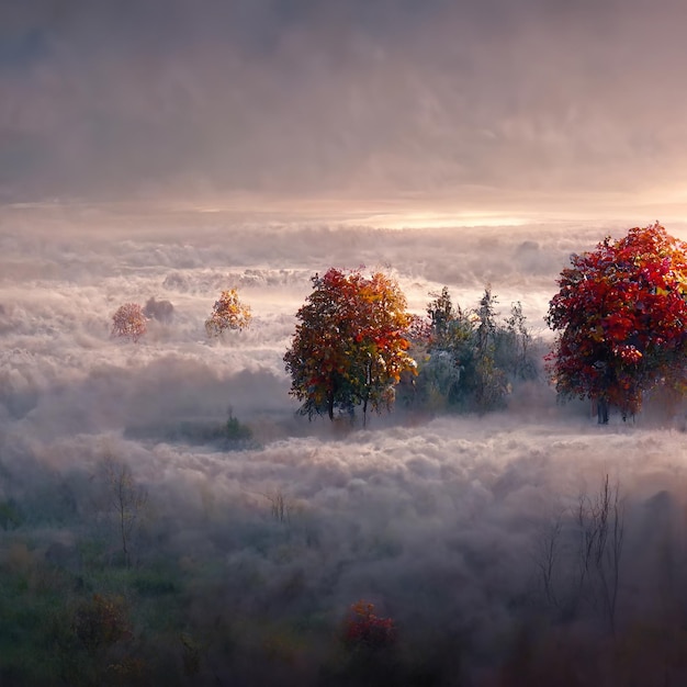 Incredibile paesaggio autunnale nebbioso illustrazione 3d dello scenario idilliaco tranquillo e nebbioso della natura selvaggia