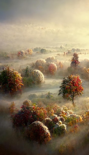 Amazing foggy autumn landscape Idyllic peaceful misty wild nature scenery 3D illustration