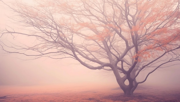 Amazing foggy light in mystical autumn forest beautiful pastel colored fog forest and tree backgroun