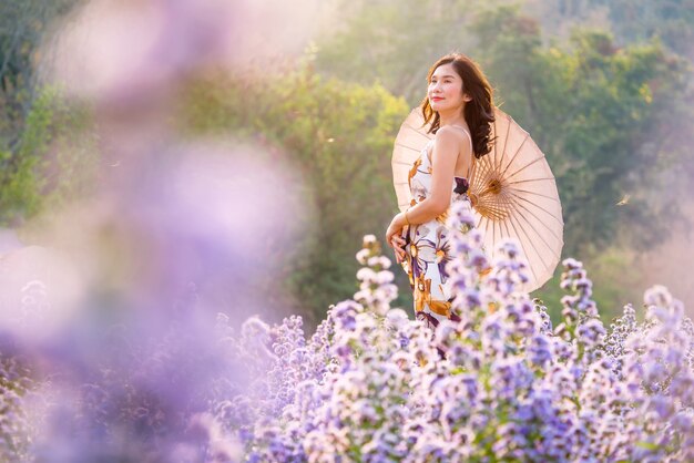 Amazing garden view. girl journey and tourists visiting northern colorful