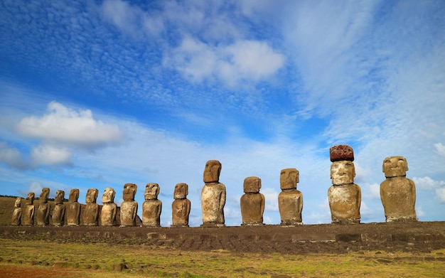 Amazing Gigantic 15 Moai statues of Ahu Tongariki ceremonial platform on Easter Island Chile