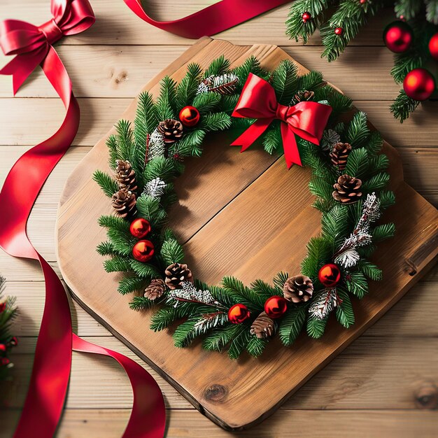 amazing green Christmas wreath decorated with red balls pine cones a rustic ribbon lies on a woode