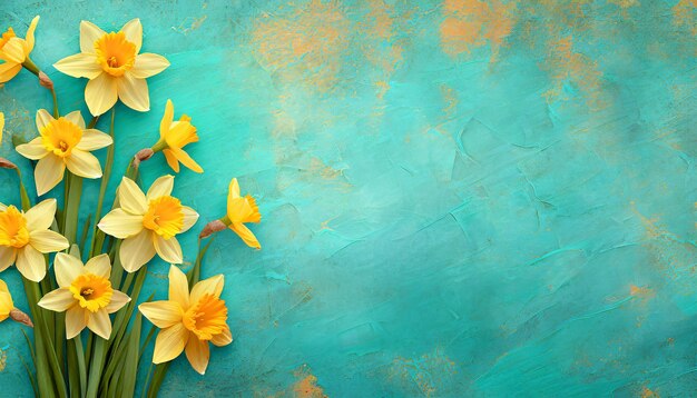 Amazing grunge background with yellow flowers daffodils on turquoise texture