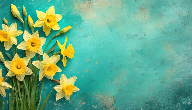 Amazing grunge background with Yellow flowers daffodils on turquoise texture