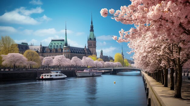 Amazing Hamburg Town hall and Alster River at Spring