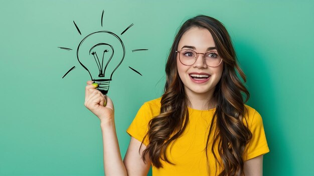 Photo amazing happy young lady in yellow shirt have an idea