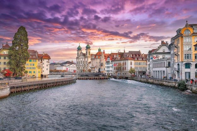 Amazing historic city center of Lucerne with famous buildings and lake Jesuitenkirche Church