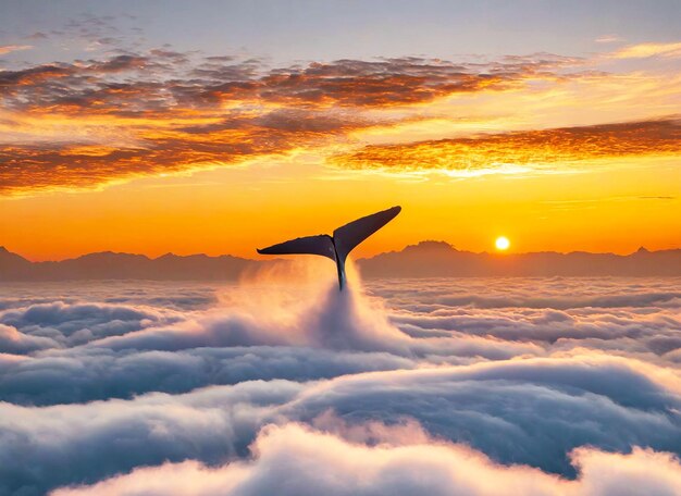 Foto un'incredibile balena enorme che salta nel mare delle nuvole.