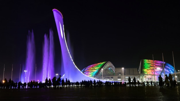 Удивительный музыкальный фонтан с подсветкой и Олимпийский стадион Фишт ночью в Сочи Россия