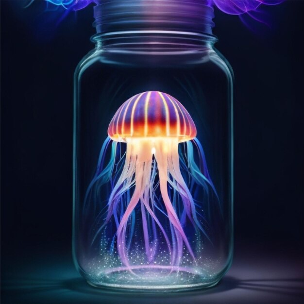 Photo amazing jellyfish with iridiscent glow shining inside of a jar