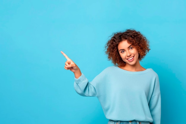 Foto incredibile signora che indica il dito su uno striscione vuoto di sconto persone concetto pubblicitario generativo ai