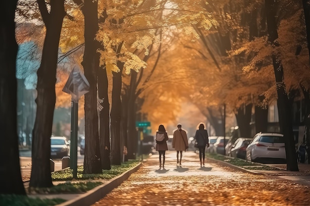 Amazing landscape of the autumn city with people walking on it AI