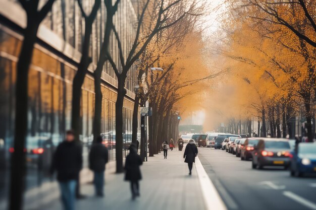 Amazing landscape of the autumn city with people walking on it AI