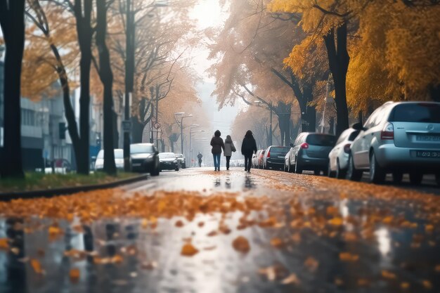 Amazing landscape of the autumn city with people walking on it