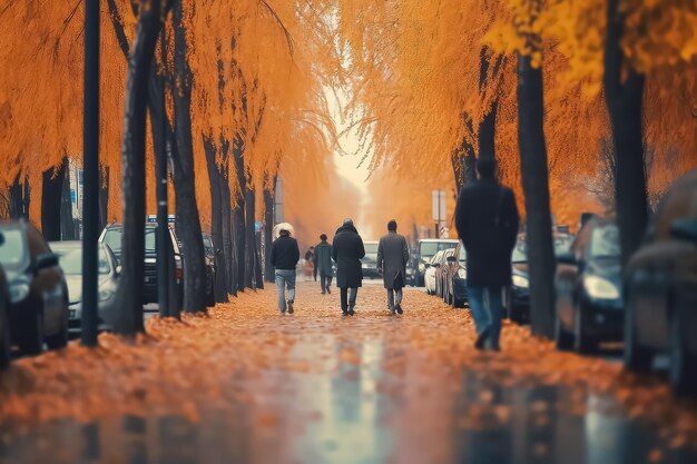 Amazing landscape of the autumn city with people walking on it