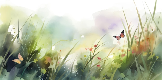 Amazing landscape painted watercolor style with wild grass butterflies flying and flowers Generative AI