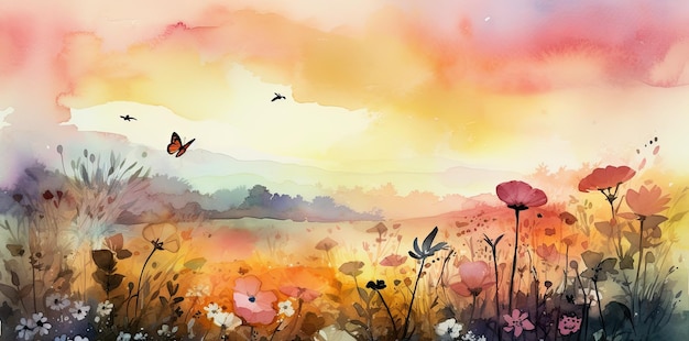 Удивительный пейзаж, нарисованный акварелью с летающими дикими травяными бабочками и цветами Генеративный AI