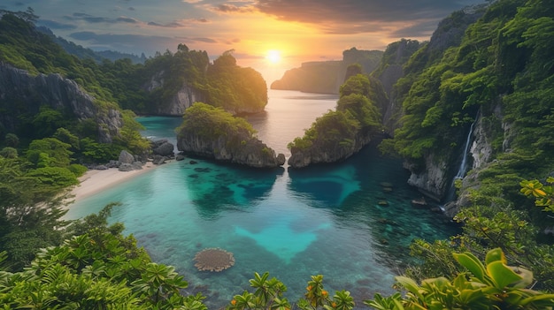 熱帯の島の素晴らしい風景美しい日没と海の岩と緑の植生